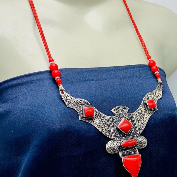 Red Tibetan Coral Gemstone Handmade Necklace,Beaded Chain Nepalese Style Necklac - Picture 8 of 10